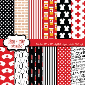digital scrapbook papers - black and red nursing theme patterns - INSTANT DOWNLOAD