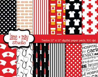 digital scrapbook papers - black and red nursing theme patterns - INSTANT DOWNLOAD