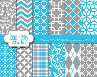 papeles de scrapbook digital - paquete de la variedad azul y gris brillante de patrones - descarga instantánea