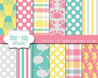 digital scrapbook papers - pastel sea life theme patterns - INSTANT DOWNLOAD