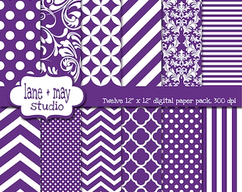 digital scrapbook papers - purple and white variety pack - INSTANT DOWNLOAD