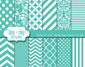 Digital Scrapbook-Papiere - Aqua blau / blaugrün Grünweiß Muster-Kombi-Pack - INSTANT DOWNLOAD