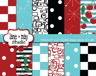 digital scrapbook papers - red and aqua 50's retro diner themed - INSTANT DOWNLOAD