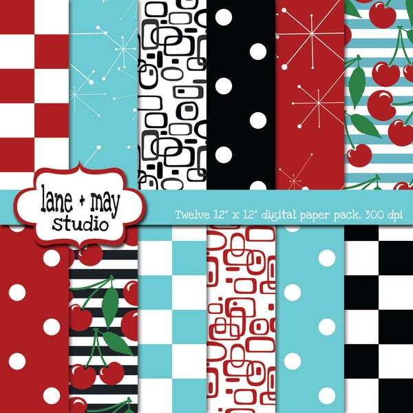 digital scrapbook papers - red and aqua 50's retro diner themed - INSTANT DOWNLOAD