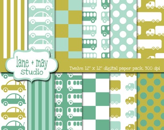 digital papers - green, aqua blue and teal car, truck and bus patterns - INSTANT DOWNLOAD