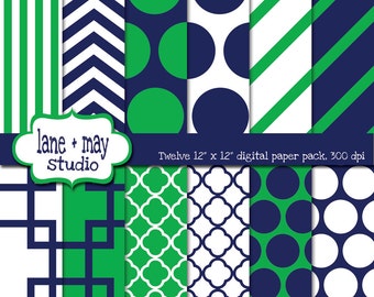 digital papers - navy and apple green geometric patterns 3 - INSTANT DOWNLOAD