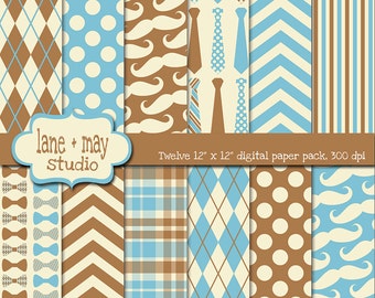 digital scrapbook papers - blue and brown little man / mustache themed - INSTANT DOWNLOAD