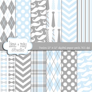 papéis digitais para scrapbook - tema homenzinho / bigode cinza e azul bebê - DOWNLOAD INSTANTÂNEO