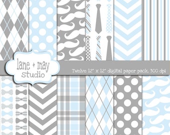 papéis digitais para scrapbook - tema homenzinho / bigode cinza e azul bebê - DOWNLOAD INSTANTÂNEO