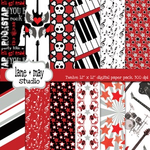 digitale scrapbook papieren - rood, zwart en grijs partij als een rockstar - INSTANT DOWNLOAD