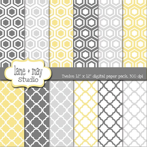digital papers - light yellow and gray quatrefoil and honeycomb patterns  - INSTANT DOWNLOAD