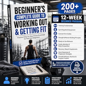 Puede incluir: Un libro titulado Beginner's Complete Guide to Working Out & Getting Fit, que presenta un programa de 12 semanas en más de 200 páginas. La portada muestra a una persona con mancuernas en un gimnasio. Incluye descarga digital PDF, un shaker y un cuaderno.