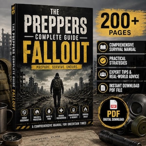 Könnte beinhalten: Ein Buch mit dem Titel The Preppers Complete Guide Fallout, dessen Einband eine Person zeigt, die durch eine zerstörte Stadt geht. Der Text enthält Prepare. Survive. Endure. und A Comprehensive Manual for Uncertain Times. Es hat 200+ Seiten und ist ein PDF.