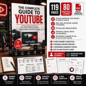 Pode incluir: Um guia digital intitulado The Complete Guide to YouTube com 119 páginas e 80 lições práticas. A capa mostra uma câmera, um monitor de computador e um microfone. Inclui um fluxo de trabalho, estrutura de roteiro e análises de vídeo.