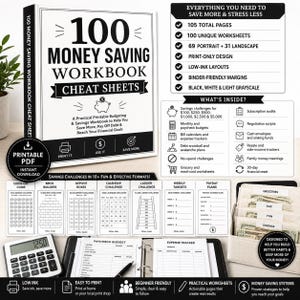 Può includere: Un workbook di 100 fogli di trucchi per risparmiare denaro in formato PDF stampabile, con 105 pagine che includono fogli di lavoro, sfide di risparmio, tracker delle spese e pianificatori di budget in bianco e nero con calcolatrice.
