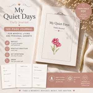 Può includere: Un diario di 100 pagine intitolato My Quiet Days con un'illustrazione ad acquerello di un fiore rosa. Il set include una copertina e pagine interne con suggerimenti per la riflessione, la gratitudine e la definizione delle intenzioni.