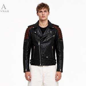 Men's Quilted Black Leather Biker Jacket Crocodile Textured: Brown shoulder pads, Zippered Pockets