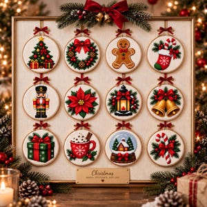 May include: A framed display featuring twelve circular embroidery hoops, each showcasing a unique Christmas-themed cross-stitch design. The collection includes a tree, wreath, gingerbread man, stocking, nutcracker, poinsettia, lantern, bells, gift, cocoa, snow globe, and candy cane. A gold plaque reads: Christmas, SMALL STITCHES, BIG JOY.