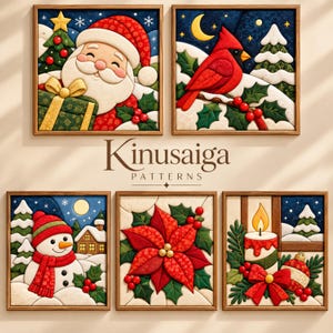 Könnte beinhalten: Fünf quadratische, gerahmte Kinusaiga-Muster mit Weihnachtsmotiven: Weihnachtsmann mit Geschenk, ein roter Kardinal auf einem verschneiten Ast, ein Schneemann in einer Winterlandschaft, ein roter Weihnachtsstern und eine brennende Kerze.