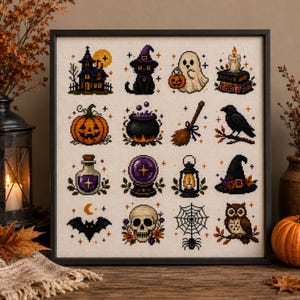 Könnte beinhalten: Ein gerahmtes Kreuzstichbild mit einem Raster aus sechzehn Halloween-Motiven, darunter ein Spukhaus, eine schwarze Katze, ein Geist, ein Kürbis, ein Kessel, ein Besen, ein Rabe, ein Zaubertrank, eine Kristallkugel und ein Totenkopf.