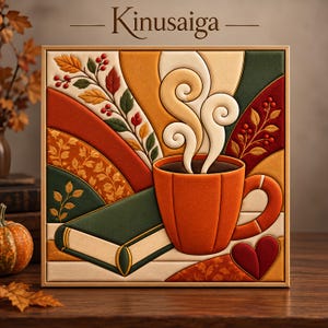 May include: A square Kinusaiga fabric art piece featuring a steaming orange mug, a closed green book, and a red heart. The design includes autumn leaves, berries, and curved lines in shades of orange, green, cream, and red, all framed in a thin wooden border.