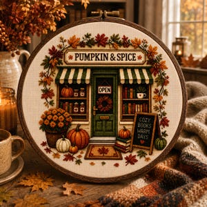 Op de afbeelding: Een ronde borduurring met een kruissteekontwerp van een winkelpui met de tekst PUMPKIN & SPICE boven de deur en COZY BOOKS WARM DAYS op een stoepbord. De afbeelding bevat pompoenen, herfstbladeren en boeken.