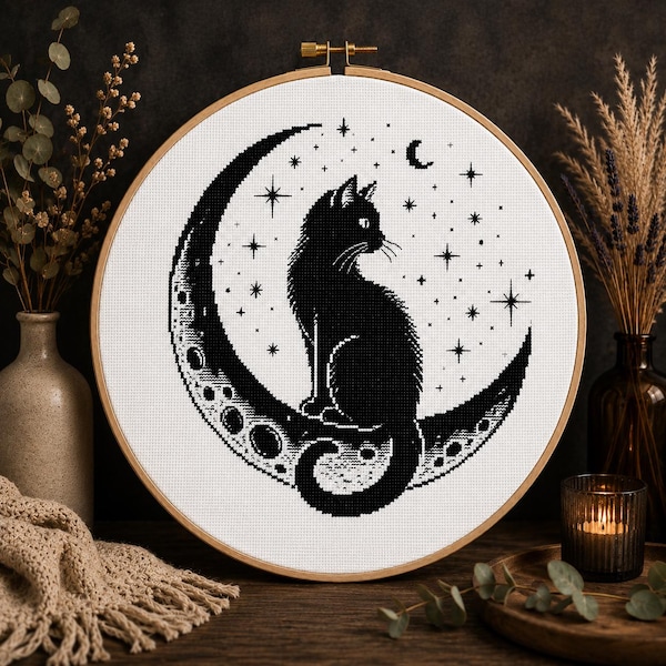 Black Cat Cross Stitch Pattern: Crescent Moon Celestial Gothic Embroidery PDF