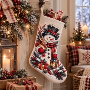 Könnte beinhalten: Ein cremefarbener Weihnachtsstrumpf aus Stoff mit einem Kreuzstichmotiv eines Schneemanns mit schwarzem Zylinder und rotem Schal, der einen kleinen braunen Hasen hält. Das Design zeigt zudem eine Laterne, verpackte Geschenke und Tannenzweige.