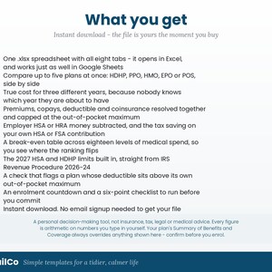 May include: A digital spreadsheet template titled What you get, featuring a list of ten green checkmark bullet points detailing features for comparing health insurance plans, including HSA, HRA, and FSA calculations, with a disclaimer at the bottom.
