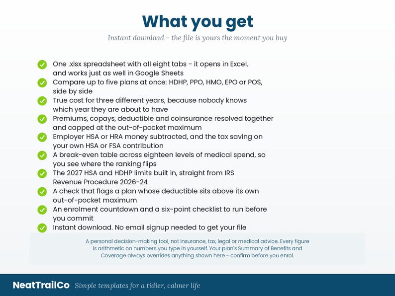 May include: A digital spreadsheet template titled What you get, featuring a list of ten green checkmark bullet points detailing features for comparing health insurance plans, including HSA, HRA, and FSA calculations, with a disclaimer at the bottom.
