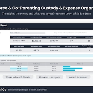Peut inclure: Un modèle de tableau de bord numérique pour l'organisation de la garde et des dépenses de co-parentalité après divorce. L'interface affiche des résumés financiers, les dépenses partagées et les calendriers de garde avec des tableaux de données.