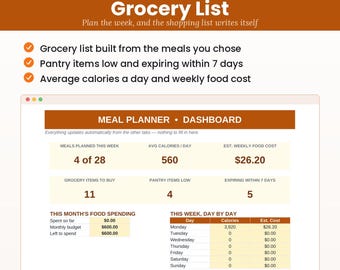 Weekly Meal Planner & Grocery List Spreadsheet, Auto Budget Tracker (Excel + Google Sheets)