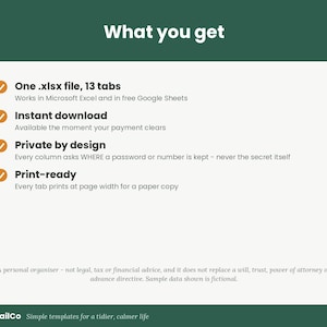 May include: A digital information graphic titled What you get, listing features: One .xlsx file, 13 tabs, Instant download, Private by design, and Print-ready. Includes a disclaimer about personal organization and the NeatTrailCo brand name.