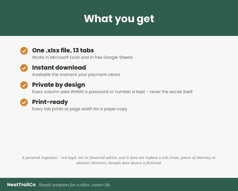 May include: A digital information graphic titled What you get, listing features: One .xlsx file, 13 tabs, Instant download, Private by design, and Print-ready. Includes a disclaimer about personal organization and the NeatTrailCo brand name.