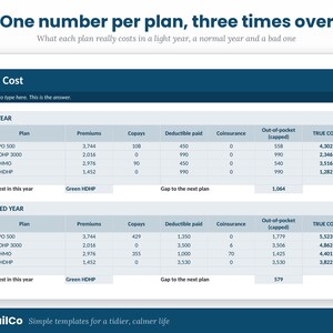 May include: A financial comparison chart titled True Cost with the header One number per plan, three times over. The table displays data for health insurance plans including Blue PPO 500, Blue HDHP 3000, Green HMO, and Green HDHP across two scenarios.