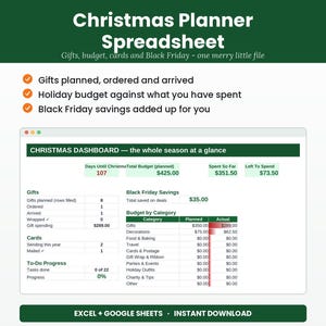 Pode incluir: Um modelo de planilha digital para planejamento de Natal com um painel para presentes, or&ccedil;amento e economias da Black Friday. A interface exibe colunas para gastos planejados versus reais, progresso de tarefas e contagens regressivas.