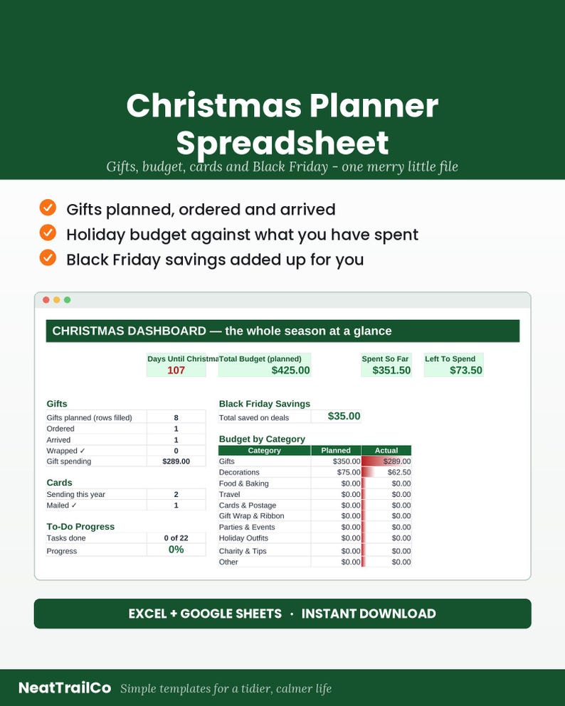 Pode incluir: Um modelo de planilha digital para planejamento de Natal com um painel para presentes, or&ccedil;amento e economias da Black Friday. A interface exibe colunas para gastos planejados versus reais, progresso de tarefas e contagens regressivas.