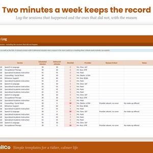 K&ouml;nnte beinhalten: Eine digitale Service-Protokollvorlage mit einer braunen Kopfzeile und dem Text Service Log. Die Tabelle enth&auml;lt Spalten f&uuml;r Datum, Dienstleistung, geplante und erbrachte Minuten, Fehlbetrag, Anbieter, Grund bei K&uuml;rze und Notizen mit Datenzeilen.