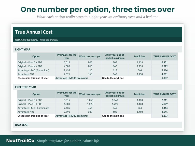 Pu&ograve; includere: Una tabella di confronto finanziario intitolata True Annual Cost con sezioni per Light Year e Expected Year. La tabella elenca le opzioni di assicurazione sanitaria tra cui Original pi&ugrave; Plan G, Plan N, Advantage HMO e PPO con colonne per premi, costi di assistenza, massimali, medicinali e costi annuali totali.