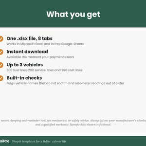 May include: A digital spreadsheet template titled What you get, featuring four orange checkmarks next to text describing an .xlsx file with 8 tabs, instant download, support for up to 3 vehicles, and built-in checks for vehicle names and odometer readings.