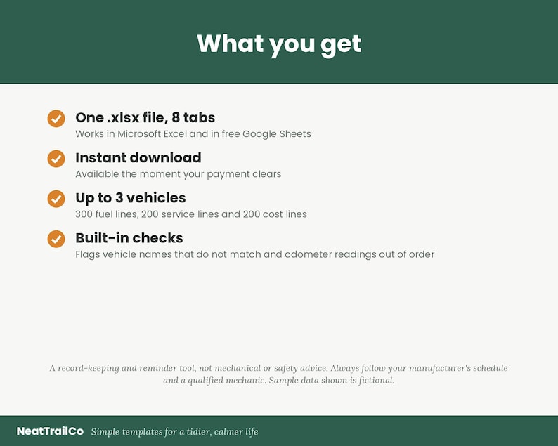 May include: A digital spreadsheet template titled What you get, featuring four orange checkmarks next to text describing an .xlsx file with 8 tabs, instant download, support for up to 3 vehicles, and built-in checks for vehicle names and odometer readings.