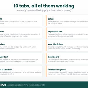 Pu&ograve; includere: Un grafico informativo digitale intitolato 10 tabs, all of them working, che presenta un elenco a due colonne di dieci sezioni etichettate come Start Here, Setup, Your Options, Expected Care, What You Pay, Your Medicines, True Annual Cost, Dashboard, Enrolment & Decision e Reference Figures, con testo descrittivo per ciascuna.