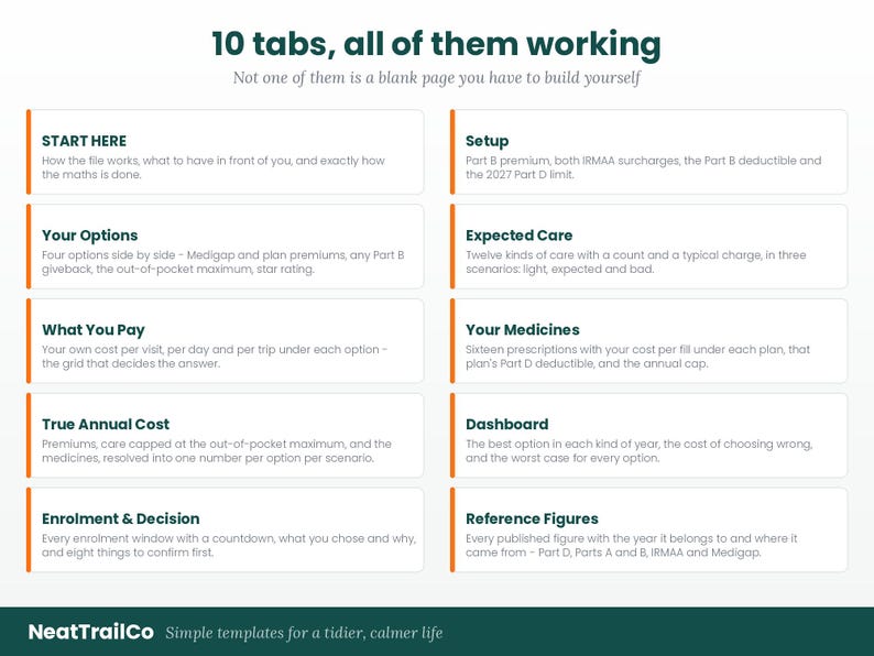 Pu&ograve; includere: Un grafico informativo digitale intitolato 10 tabs, all of them working, che presenta un elenco a due colonne di dieci sezioni etichettate come Start Here, Setup, Your Options, Expected Care, What You Pay, Your Medicines, True Annual Cost, Dashboard, Enrolment & Decision e Reference Figures, con testo descrittivo per ciascuna.
