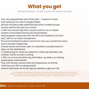 K&ouml;nnte beinhalten: Eine digitale Tabellenvorlage mit dem Titel What you get, die zehn Registerkarten zur Nachverfolgung von IEP-Serviceminuten, Zielfortschritten, Unterk&uuml;nften, j&auml;hrlichen &Uuml;berpr&uuml;fungen, Besprechungsprotokollen und Kommunikationsprotokollen enth&auml;lt.