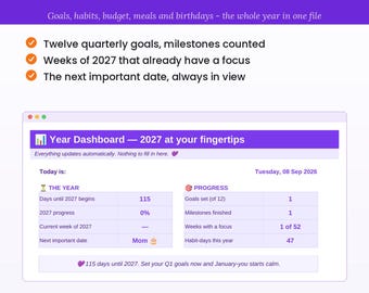 2027 All-in-One Life Planner Spreadsheet, Goals, Habits, Weekly Planner, Birthday Tracker (Google Sheets + Excel)