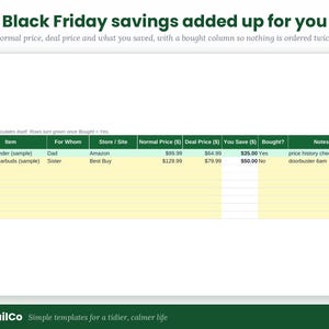 Pode incluir: Um modelo de planilha digital intitulado Black Friday savings added up for you. A tabela inclui colunas para Item, For Whom, Store, Normal Price, Deal Price, You Save, Bought e Notes, com dados de exemplo de moedor e fones de ouvido.