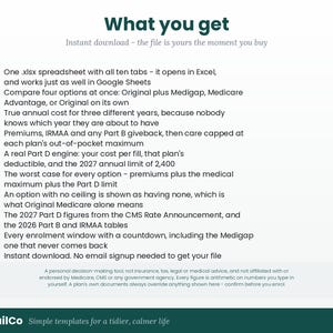 Pu&ograve; includere: Un modello di foglio di calcolo digitale intitolato What you get, con dieci schede per confrontare le opzioni Medicare. Include campi per premi, IRMAA, rimborsi della Parte B, massimali di spesa, costi della Parte D, franchigie e conti alla rovescia.