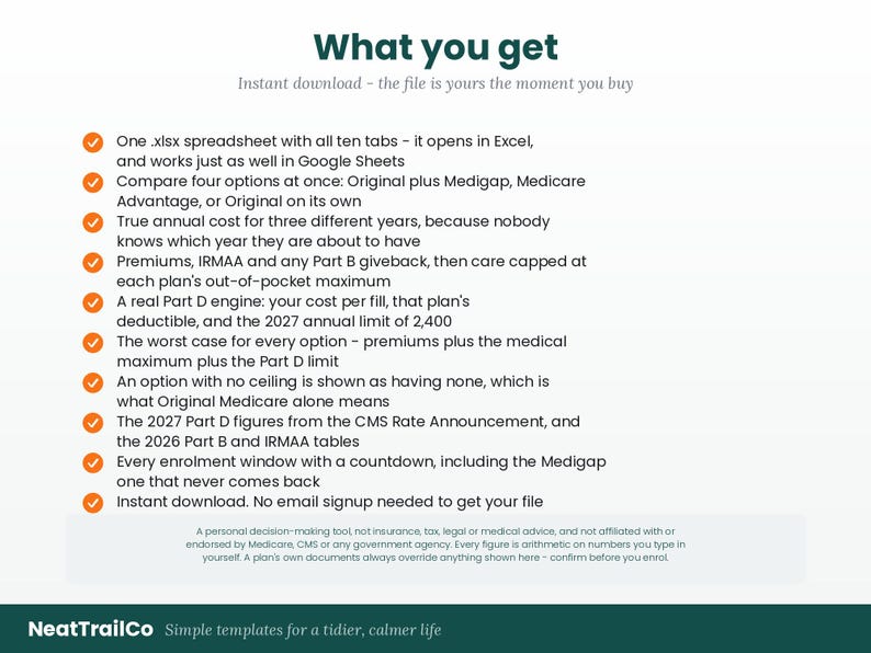 Pu&ograve; includere: Un modello di foglio di calcolo digitale intitolato What you get, con dieci schede per confrontare le opzioni Medicare. Include campi per premi, IRMAA, rimborsi della Parte B, massimali di spesa, costi della Parte D, franchigie e conti alla rovescia.