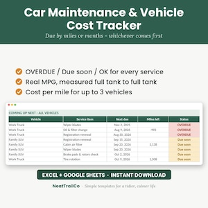 May include: A digital car maintenance and vehicle cost tracker template for Excel and Google Sheets. The interface displays a table titled Coming Up Next - All Vehicles, listing service items, due dates, remaining miles, and status indicators.