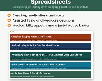 Pflegepaket für alternde Eltern, 5 Tabellenkalkulationen - Pflege, Medicare, Arztrechnungen (Excel + Google Sheets)